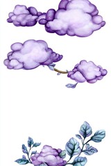 Wall Mural - Watercolor Purple Clouds and Branch with Leaves