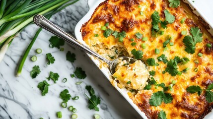 A close-up of a casserole with a golden brown crust, topped with green onions and cilantro, a silver serving spoon taking a bite out of the dish.