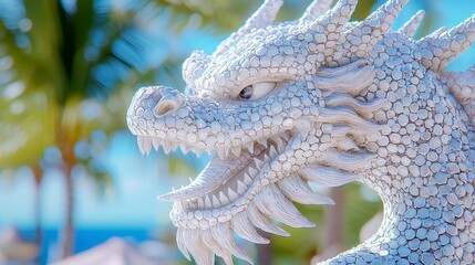 Coastal Dragon Mosaic, an intricately designed stone dragon nestled among lush palm trees, perfect for enhancing beach house aesthetics with vibrant coastal charm