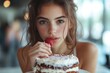 © Lumina Frame - Pretty girl is eating a cake, and looking to se if anyone i seing her, Generative AI