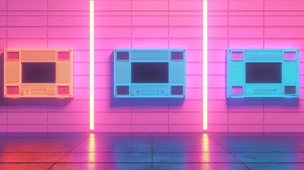 Poster - Retro Neon Lights and Empty Frames on Pink Wall