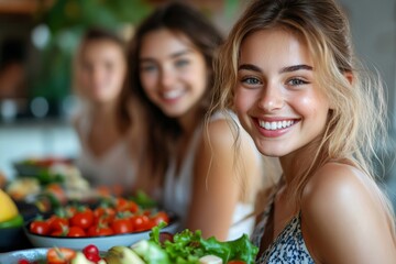 Women, friends and eating healthy food in home for bonding, nutrition and happy lunch together. Fruit diet, sharing and wellness, fresh summer friendship and girls in kitchen with smile, Generative AI