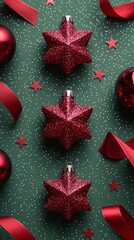 Canvas Print - Red Glitter Star Ornaments with Red Ribbon and Gold Stars on Green Background