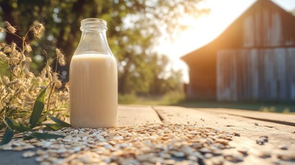 A glass bottle of oat milk sits on a wooden table with oat groats around it.