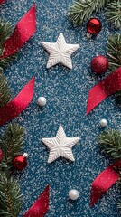 Wall Mural - Christmas Decorations with Red Ribbons and White Stars