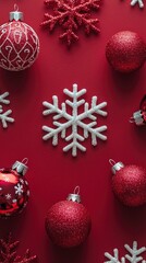 Wall Mural - Red Christmas Ornaments and Snowflakes on a Red Background