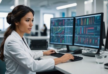 Wall Mural - A female scientist in a modern laboratory, analyzing data on multiple computer screens, focusing on accuracy and precision.