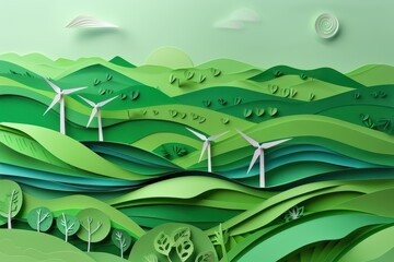 A vibrant paper cutout landscape showcasing rolling green hills, wind turbines, and a serene blue river under a gentle sky.