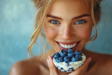 Close-up of a woman eating a yogurt with blueberries, Generative AI