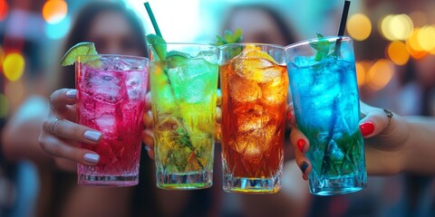 Young people holding multicolored drinks - Trendy fashion friends having fun together toasting cocktails at happy hour - Social gathering life style concept on vivid filter with focus, Generative AI