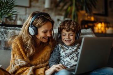 Happy mom and son laugh sit together on sofa: mother work on laptop and kid in headphones listen to distant school audio lesson, do homework at home at covid-19 quarantine. Family, Generative AI