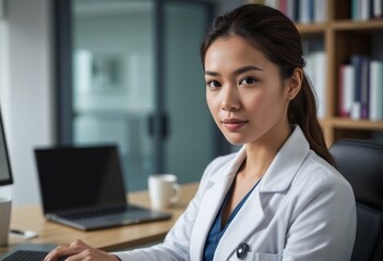 Wall Mural - A female doctor consulting with a patient in a modern medical office, focusing on discussion and patient care.