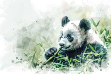 Adorable panda munching on bamboo in a serene, artistic setting, showcasing the beauty of wildlife and nature.