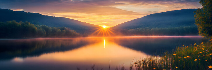 Poster - Sunrise Over the Mountain Lake