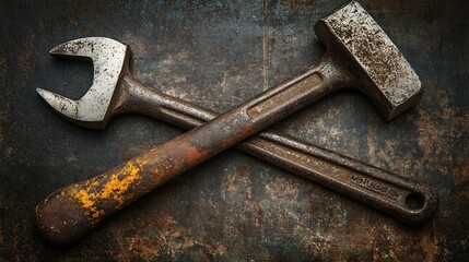 Two Rusted Tools Crossed on a Metallic Surface