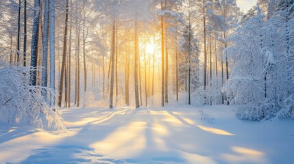 Sticker - Sunbeams through a snowy forest