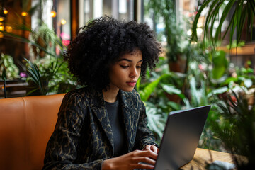 Sticker - Young beautiful African American woman working laptop a modern workspace