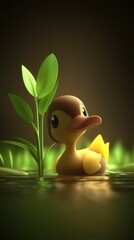 Poster - Cute Cartoon Duckling in a Pond with Green Plants