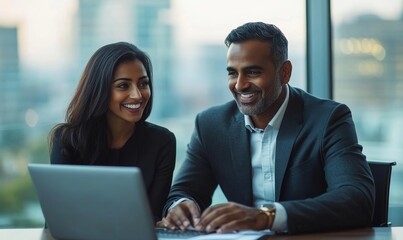 Indian male ceo executive manager mentor giving consultation on financial operations to female African American colleague intern using laptop sitting in modern office near panoramic, Generative AI