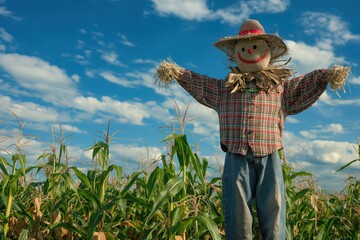 Cheerful scarecrow guards a cornfield on a sunny day, with a blue sky and fluffy clouds in the background, symbolizing traditional farming practices