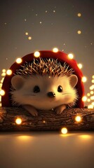 Sticker - Cute Hedgehog in a Red Hat with Christmas Lights