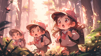 Sticker - three little kids adventure in beautiful forest. with little school uniform. Anime style