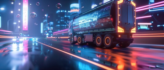 Futuristic truck driving through a neon-lit city, showcasing vibrant lights and reflections on wet pavement.