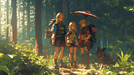 Canvas Print - three young Anime kids adventure in the forest. with school uniform