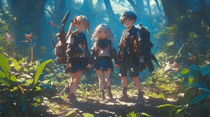 three young Anime kids adventure in the forest. with school uniform