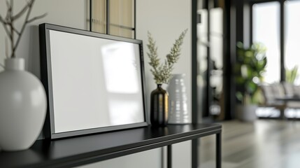 Modern interior with a blank frame, stylish vases, and decorative plants, ideal for showcasing artwork and home decor.