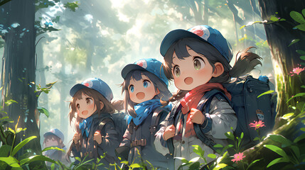 three little kids adventure in beautiful forest. with little school uniform. Anime style