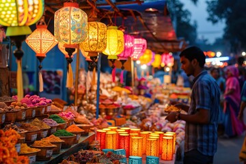 Indian vendor is standing by his market stall full of colorful products and illuminated by festive lanterns at night