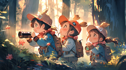 three little kids adventure in beautiful forest. with little school uniform. Anime style