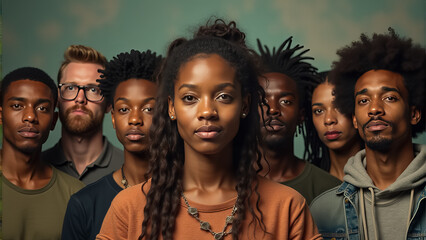 A diverse group of young adults posing confidently together against a muted backdrop during a creative photo session