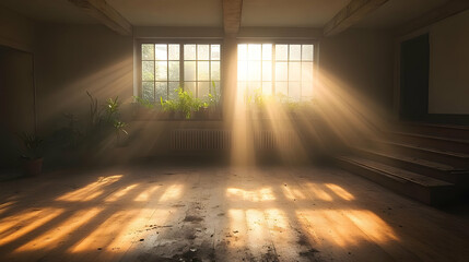 Wall Mural - Sunlight streams through two windows, casting beams of light across the dusty floor of an empty room.