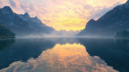 Canvas Print - Majestic Mountain Range Reflected in Still Lake at Sunset