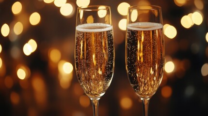 Champagne glass festive luxury New Year celebration. Golden Sparkling wine cheers concept wedding, birthday or restaurant party design. Healthy wine, to accompany a meal or as an aperitif at an event