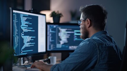 a programmer coding vision-enhancing algorithms on a high-resolution monitor, with expansion project