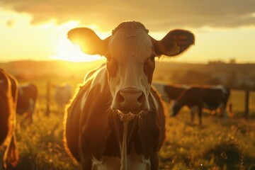 A brown and white cow stands peacefully on a lush green field