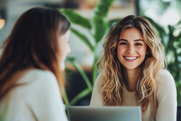 Group of happy business people have meeting at workplace in office. Two positive woman working together using modern laptop for working concept, Generative AI