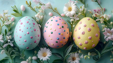 Sticker - Three Easter eggs with pastel colors, decorated with colorful polka dots, floral patterns, and a light green background.