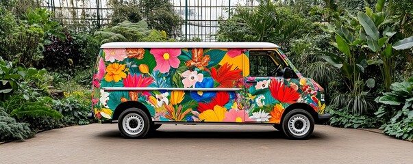 Bakery truck with vibrant floral designs, colorful and artistic, set in a botanical garden