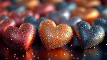 Canvas Print - Three shiny heart-shaped objects in red, gold, and silver, resting on a dark background.