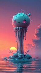 Canvas Print - Cute Blob Character Rising from the Ocean at Sunset