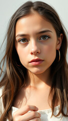 Closeup portrait of a young woman with long brown hair and a white sweater