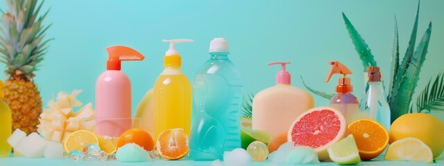 Colorful skincare bottles with citrus fruits on a vibrant background