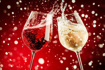 Two wine glasses, one with red wine and other with white, clinking together with splashes against festive red background with sparkling lights