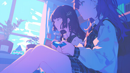 two anime girls playing video games, anime playing games with cute and happy spirit, neon background