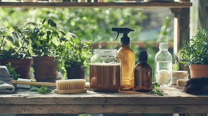 Natural Cleaning Products on Rustic Wooden Table