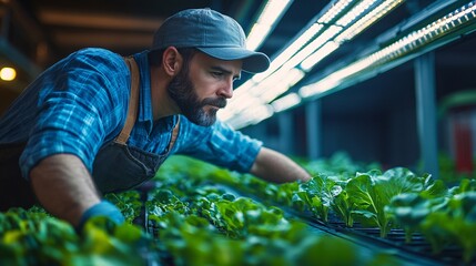 Wall Mural - Farmer utilizing AI to analyze data on light and nutrient levels ensuring optimal growth conditions for crops in a vertical farming system Stock Photo with copy space